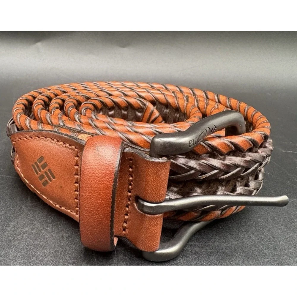 Men's Belt 38-40 Brown Woven Columbia Braided Leather Belt Brass Buckle EUC